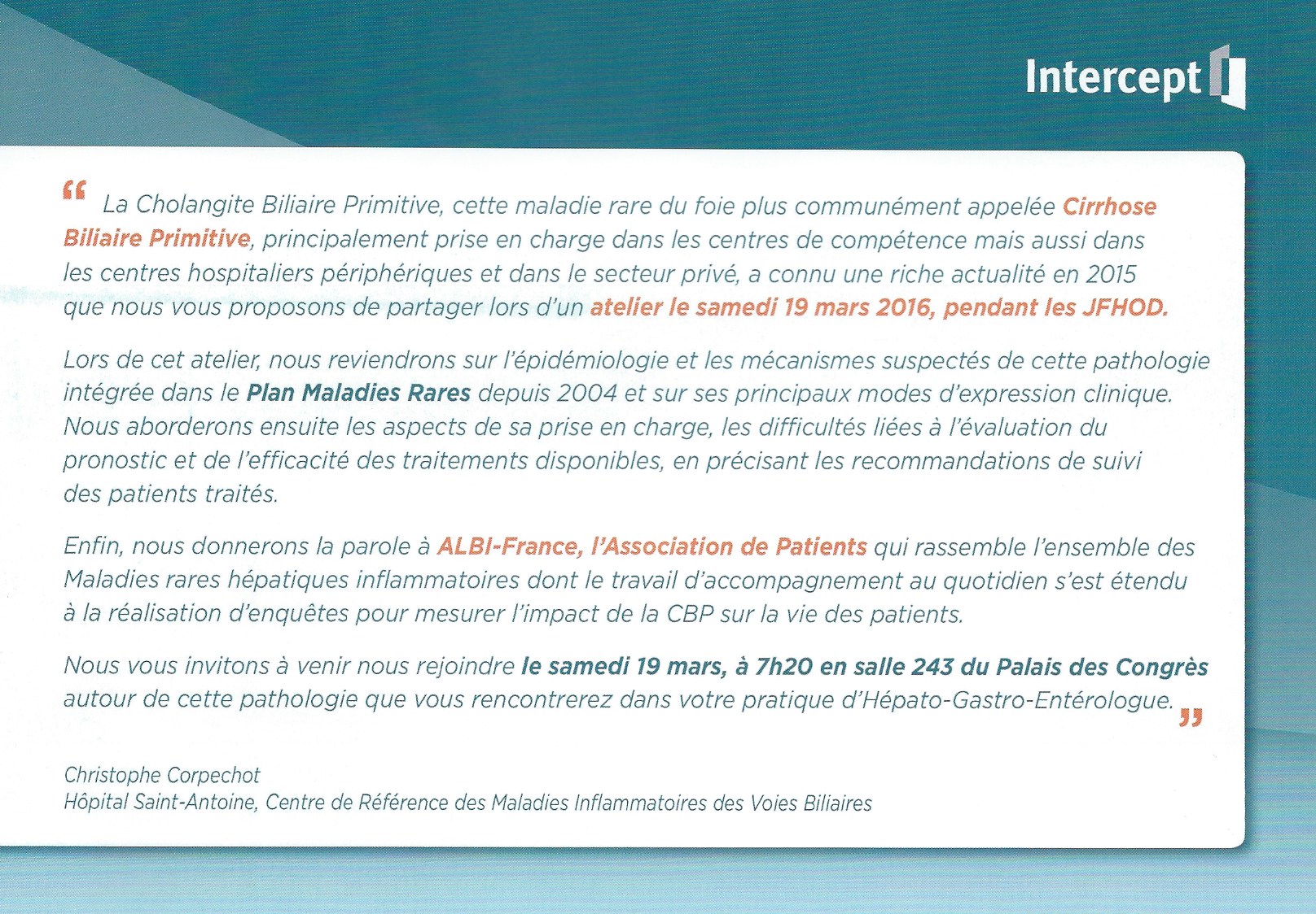 ALBI participe à un atelier sur la Cholangite Biliaire Primitive (le 19-03-2016) lors des Journées Francophones d&rsquo;Hépato-gatro-entérologie & d&rsquo;Oncologie Digestive